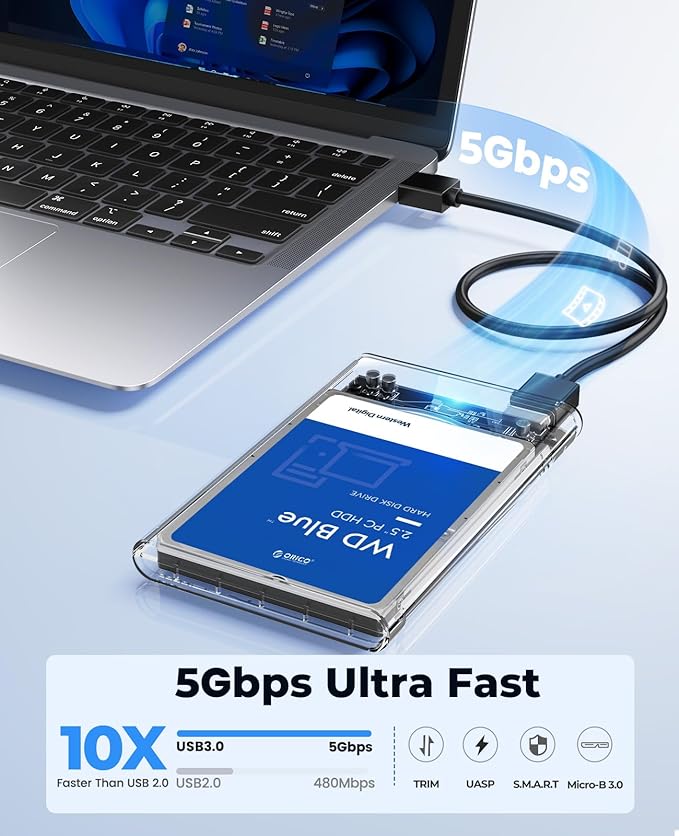Rack 2.5 External Hard Drive Enclosure SATA to USB Tybe C 3.1 6Gbps Transparent External Drive Enclosure for 7/9.5mm HDD/SSD Tool Free Disk Case Support UASP Up to 4TB