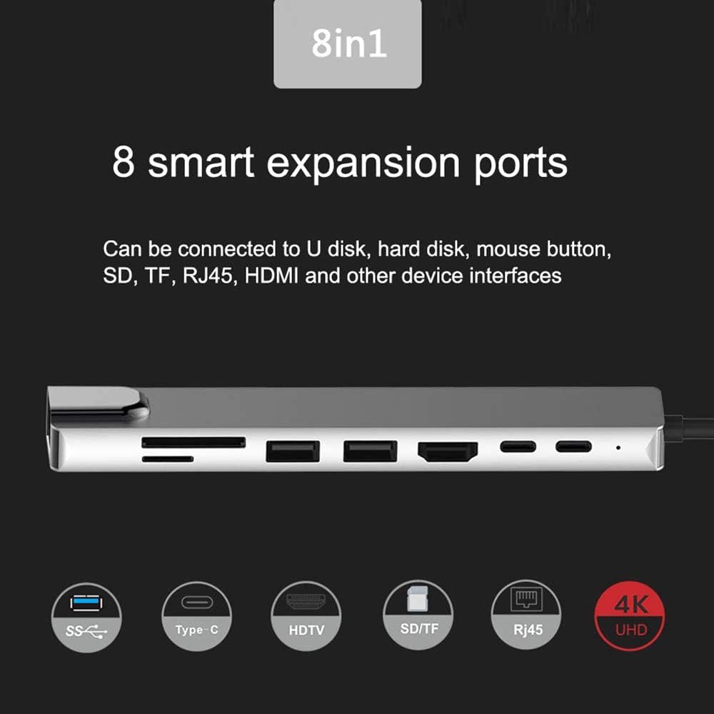TYPEC TO HD 8 in 1 ZERO HDMI PD 2 USB SD TF Rj45 Compatible with Linux, Windows