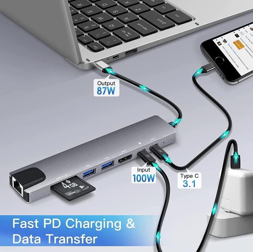 TYPEC TO HD 8 in 1 ZERO HDMI PD 2 USB SD TF Rj45 Compatible with Linux, Windows