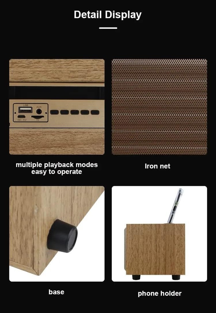 Kisonli G12A Wooden Retro Classic Outdoor Wireless BT Speaker - Wood, Bluetooth, Auxiliary, USB