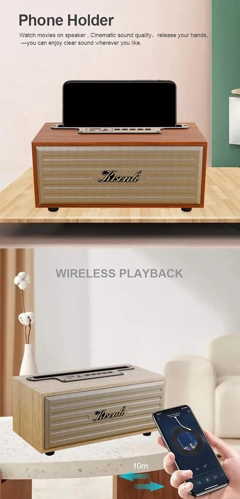 Kisonli G12A Wooden Retro Classic Outdoor Wireless BT Speaker - Wood, Bluetooth, Auxiliary, USB