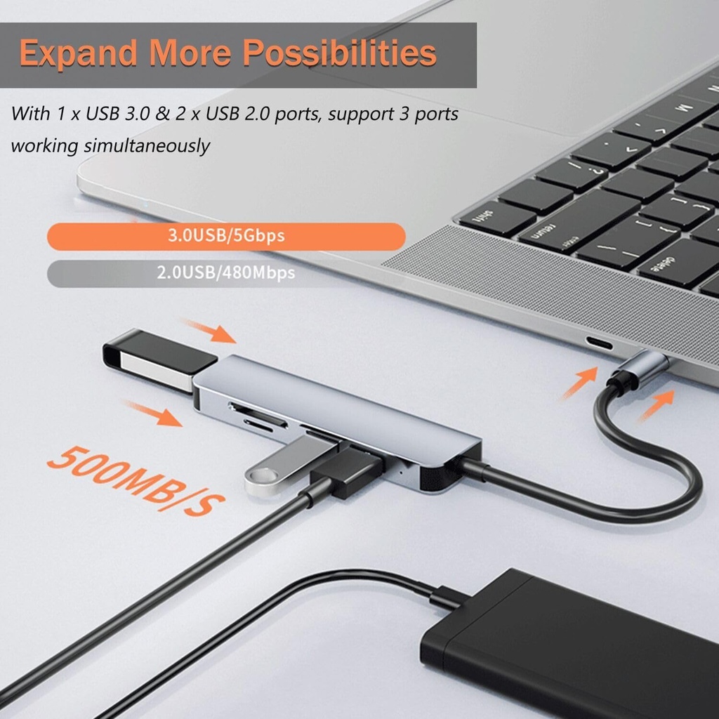 Hub USB C USB 3.0 SD Card Reader, VIENON 5 in 1 Aluminum USB A&C Hub with Memory SD/TF Card Reader and 3 USB 3.0 Ports, USB Extender