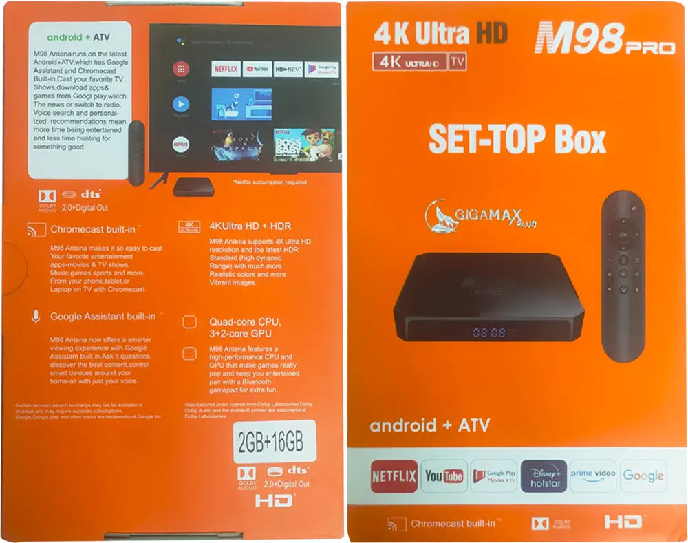 Smart TV Box Gigamax 16GB Memory, 2Gb RAM, Android 10, WIFI, 4K, 5G, M98 PRO , Black