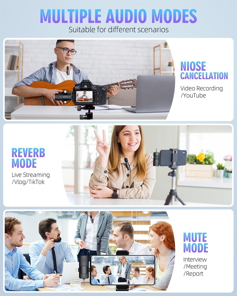 Wireless Lavalier 3*1 Microphones for iPhone, iPad, Android, Camera, USB-C Microphone, 7-Hour Battery, Mini Microphone with Noise Reduction for Video Recording, Vlog, YouTube, TikTok 