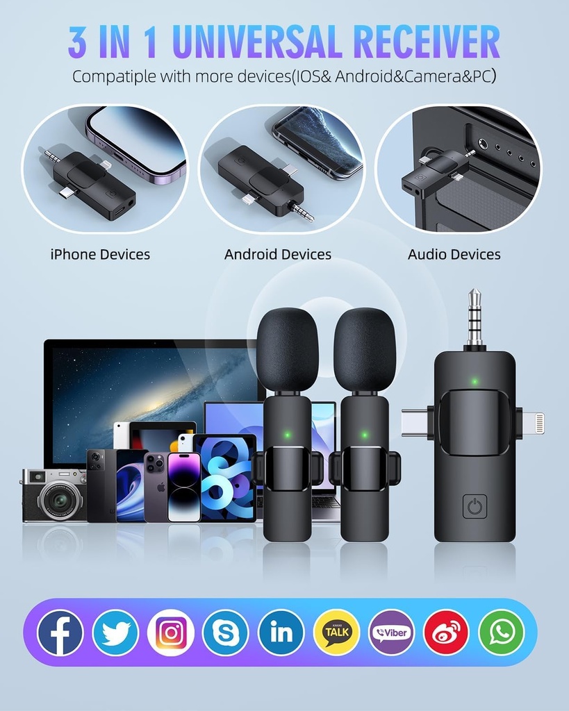 Wireless Lavalier 3*1 Microphones for iPhone, iPad, Android, Camera, USB-C Microphone, 7-Hour Battery, Mini Microphone with Noise Reduction for Video Recording, Vlog, YouTube, TikTok 