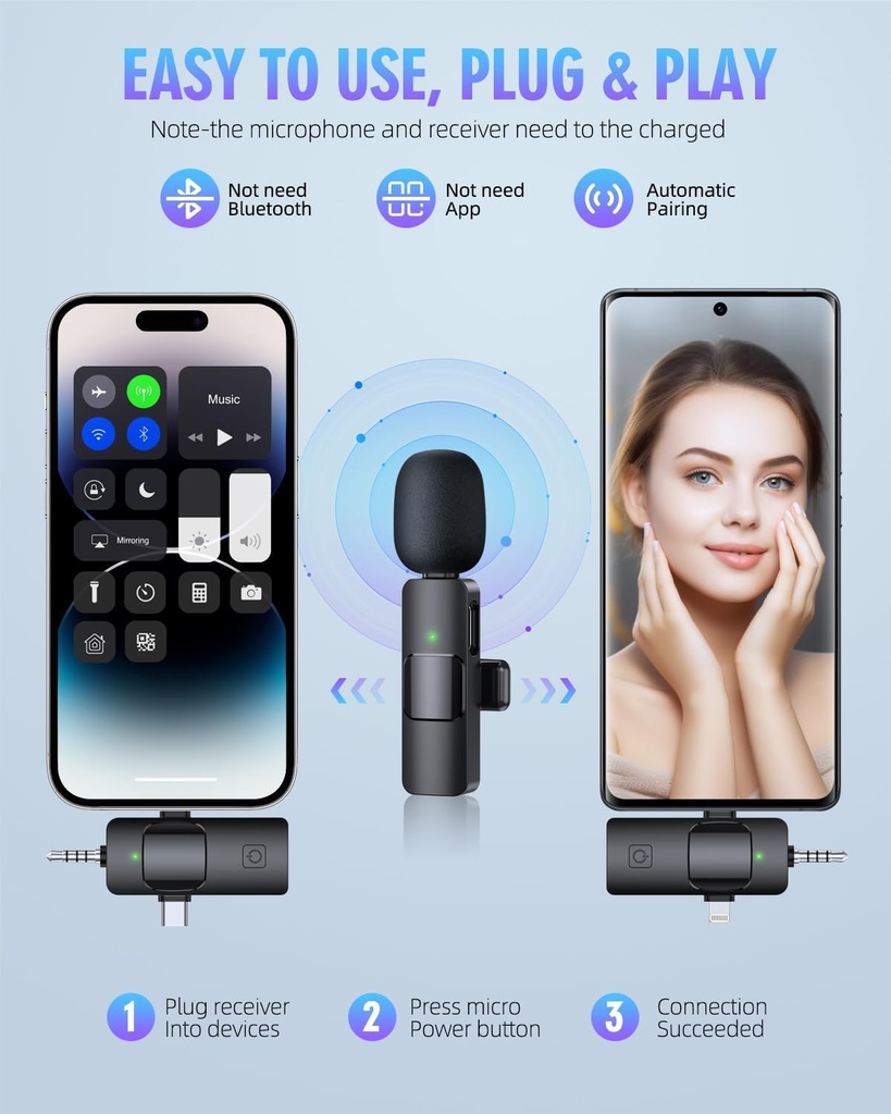 Wireless Lavalier 3*1 Microphones for iPhone, iPad, Android, Camera, USB-C Microphone, 7-Hour Battery, Mini Microphone with Noise Reduction for Video Recording, Vlog, YouTube, TikTok 