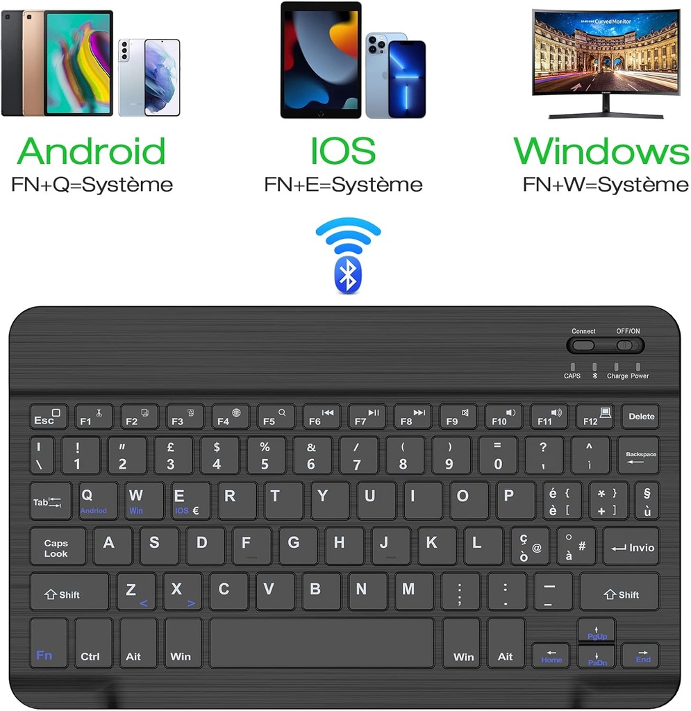 Bluetooth Keyboard for iPad, Samsung Tablet, iPad Air, iPad Pro, Lenovo, Huawei, Xiaomi Pad, Italian Keyboard for IOS/Android and Windows Devices with Bluetooth, Black