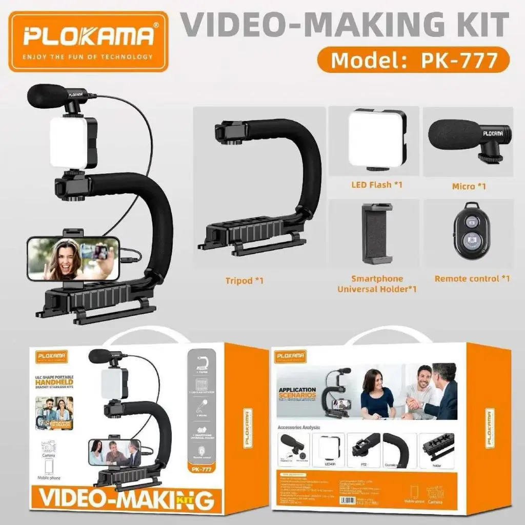 Plokama PK-777 U-Shape Handheld Video Rig Kit with LED Light, Directional Mic, Tripod and Remote
