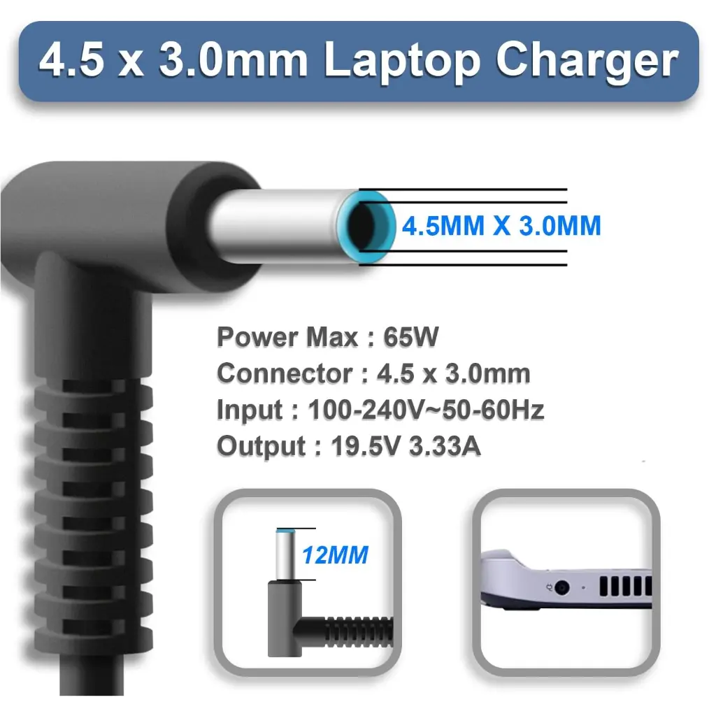 HP 65W Laptop Charger 19.5V 3.33A with 4.5mm Blue Tip