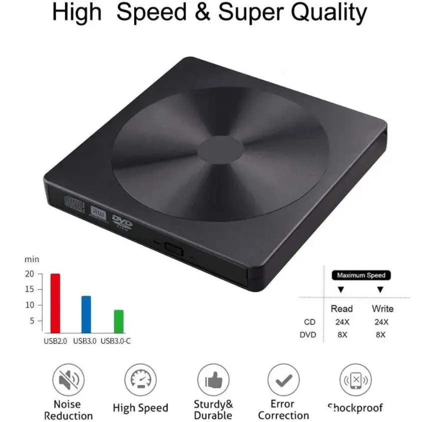 مشغل وناسخ CD/DVD خارجي USB 3.0 وUSB-C