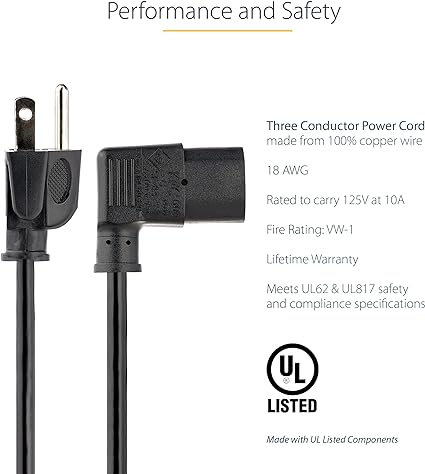 Computer Power Cord, NEMA 5-15P to Right Angle C13, 10A 125V, 18AWG, Replacement AC Power Cord, PC Power Supply Cable, Printer / Monitor Power Cord 