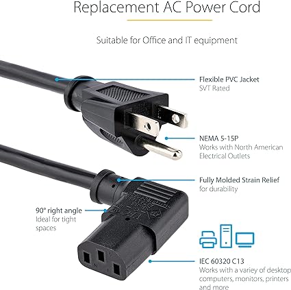 Computer Power Cord, NEMA 5-15P to Right Angle C13, 10A 125V, 18AWG, Replacement AC Power Cord, PC Power Supply Cable, Printer / Monitor Power Cord 