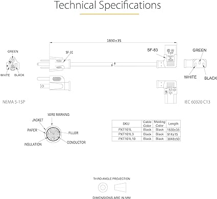Computer Power Cord, NEMA 5-15P to Right Angle C13, 10A 125V, 18AWG, Replacement AC Power Cord, PC Power Supply Cable, Printer / Monitor Power Cord 