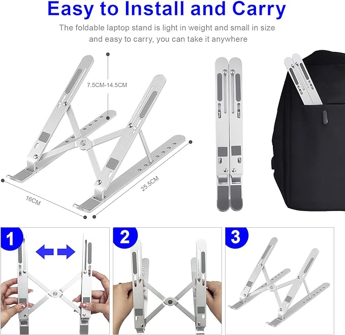 Laptop Stand, Laptop Stand for Desk, Adjustable Ergonomic Portable Aluminum Laptop Stand, 7 Angle Anti-Slip Computer Stand, Compatible with 9-15.6 inch Laptop, Silver