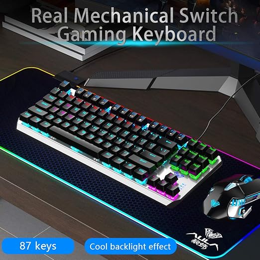 Aula F3087 Mechanical Gaming Keyboard with Rainbow Backlit LED - BLUE Switches, Arabic/English(( COLOR WHITE))