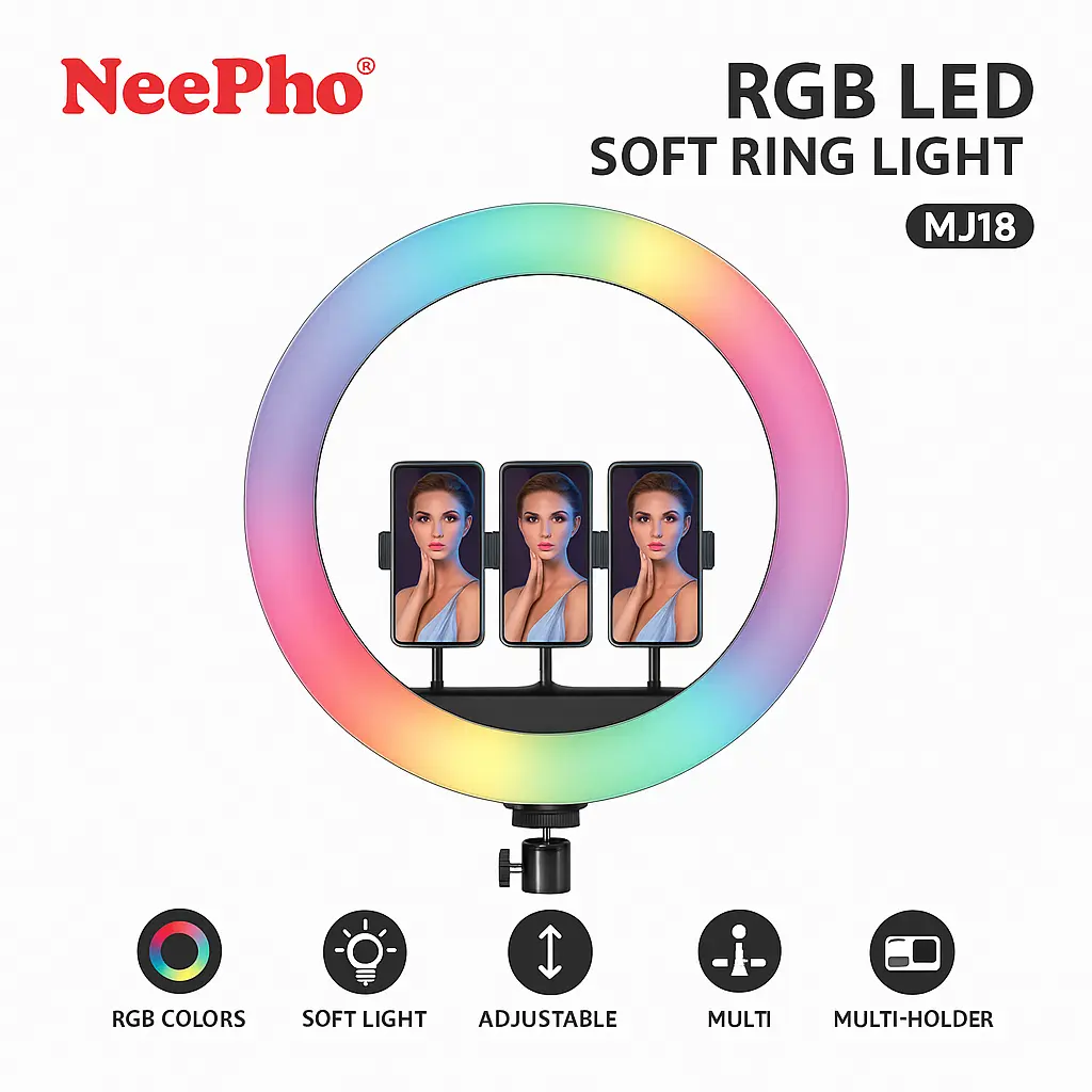 NeePho MJ-35 RGB LED Ring Light with Dual Phone Holder, 35cm