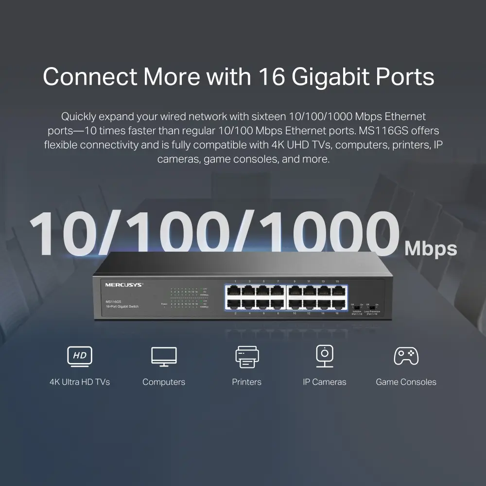 Mercusys MS116GS 16-Port Gigabit Desktop/Rackmount Switch, Plug and Play, Metal Casing