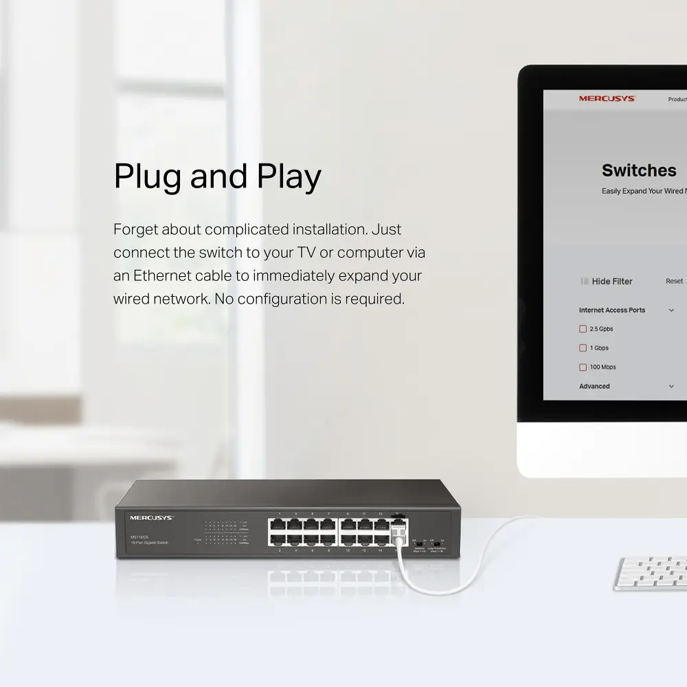 Mercusys MS116GS 16-Port Gigabit Desktop/Rackmount Switch, Plug and Play, Metal Casing