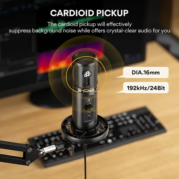 MAONO PM422 USB Condenser Microphone, Cardioid Podcast Mic with Boom Arm, Mute and Monitoring