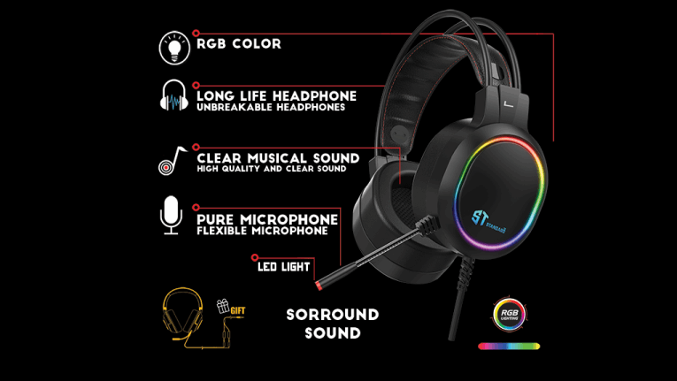ST-Standard GM-09 7.1 Surround USB RGB Gaming Headset, Noise-Cancelling Mic