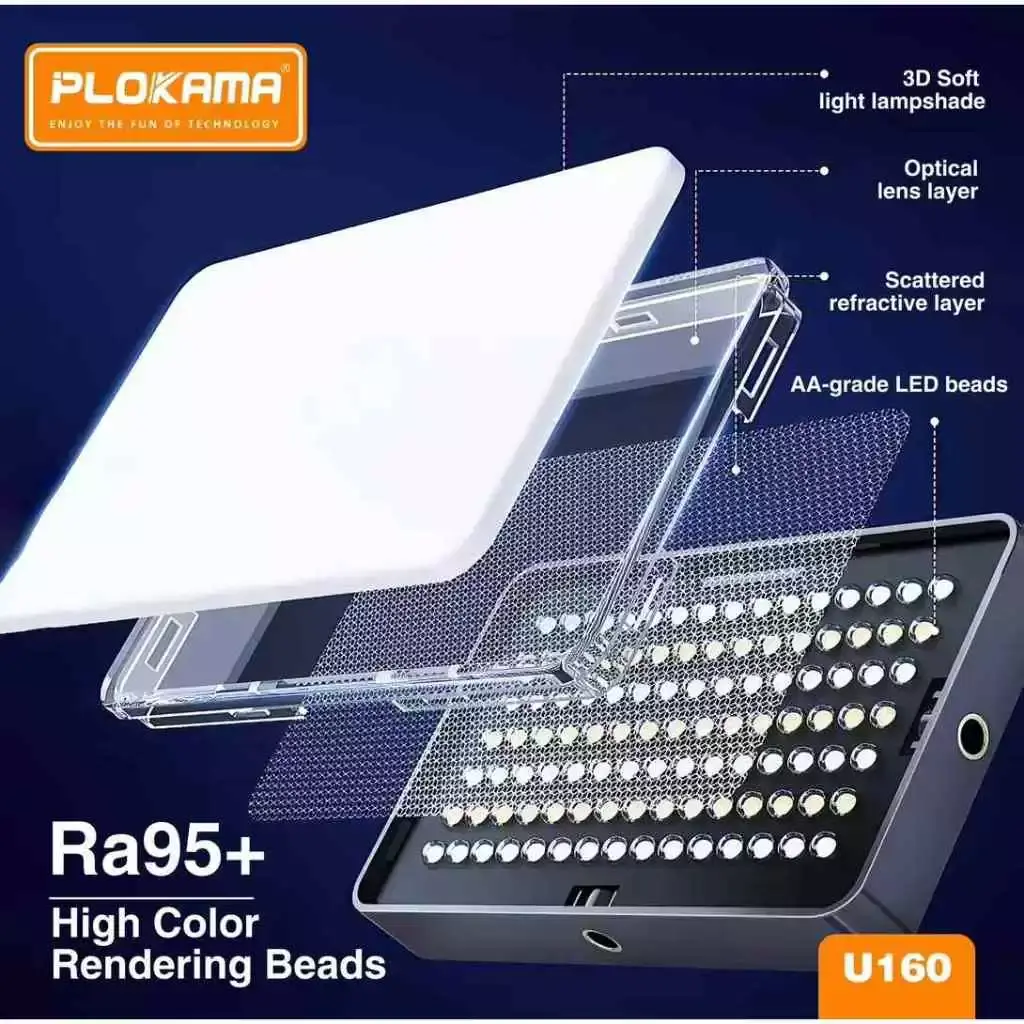إضاءة فيديو محمولة Plokama U160 بتثبيت مشبك ومدى حراري 2700-6500K
