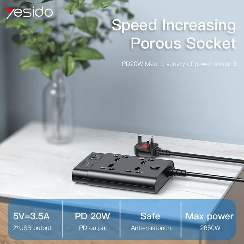 YESIDO MC11 7-in-1 Power Track Socket, 4 AC + USB-C + 2 USB-A, 2m, 2650W