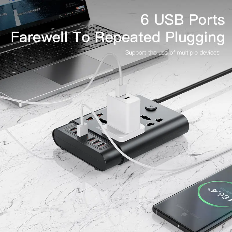 YESIDO MC08 10-in-1 Power Strip, 4 AC Outlets + 6 USB Ports, 2m, 2650W