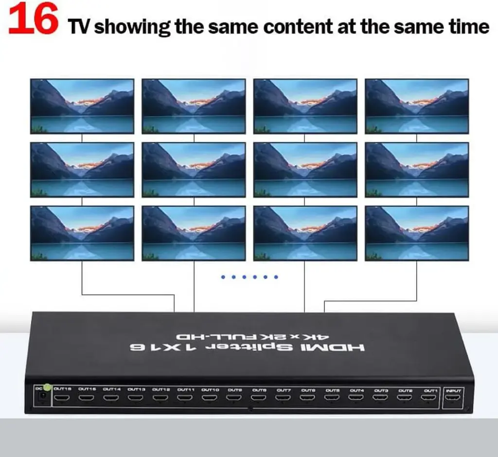 AUBEAMTO 1x16 HDMI Splitter, 1 In 16 Out, 4K, Full HD 1080p, Black
