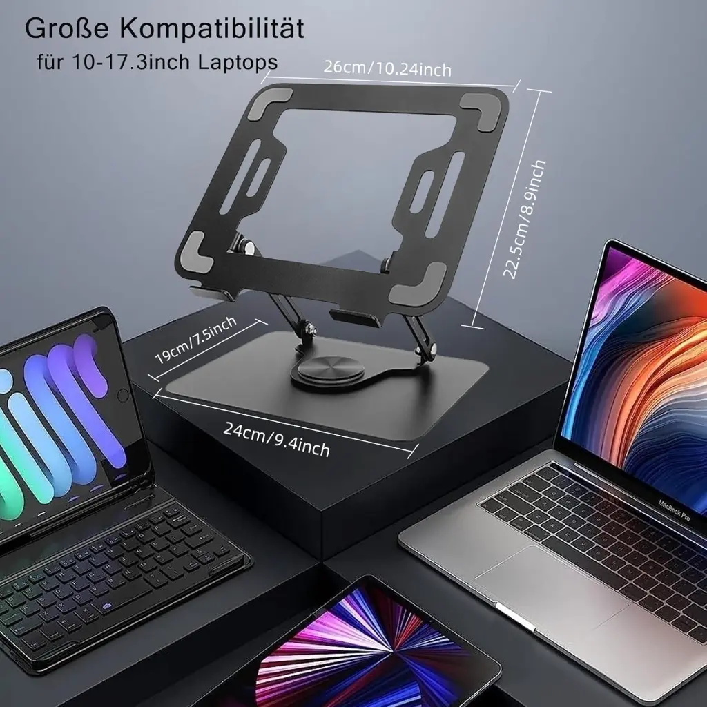 Laptop Stand with 360° Rotating Base – Height-Adjustable, Ventilated, 10"–17"