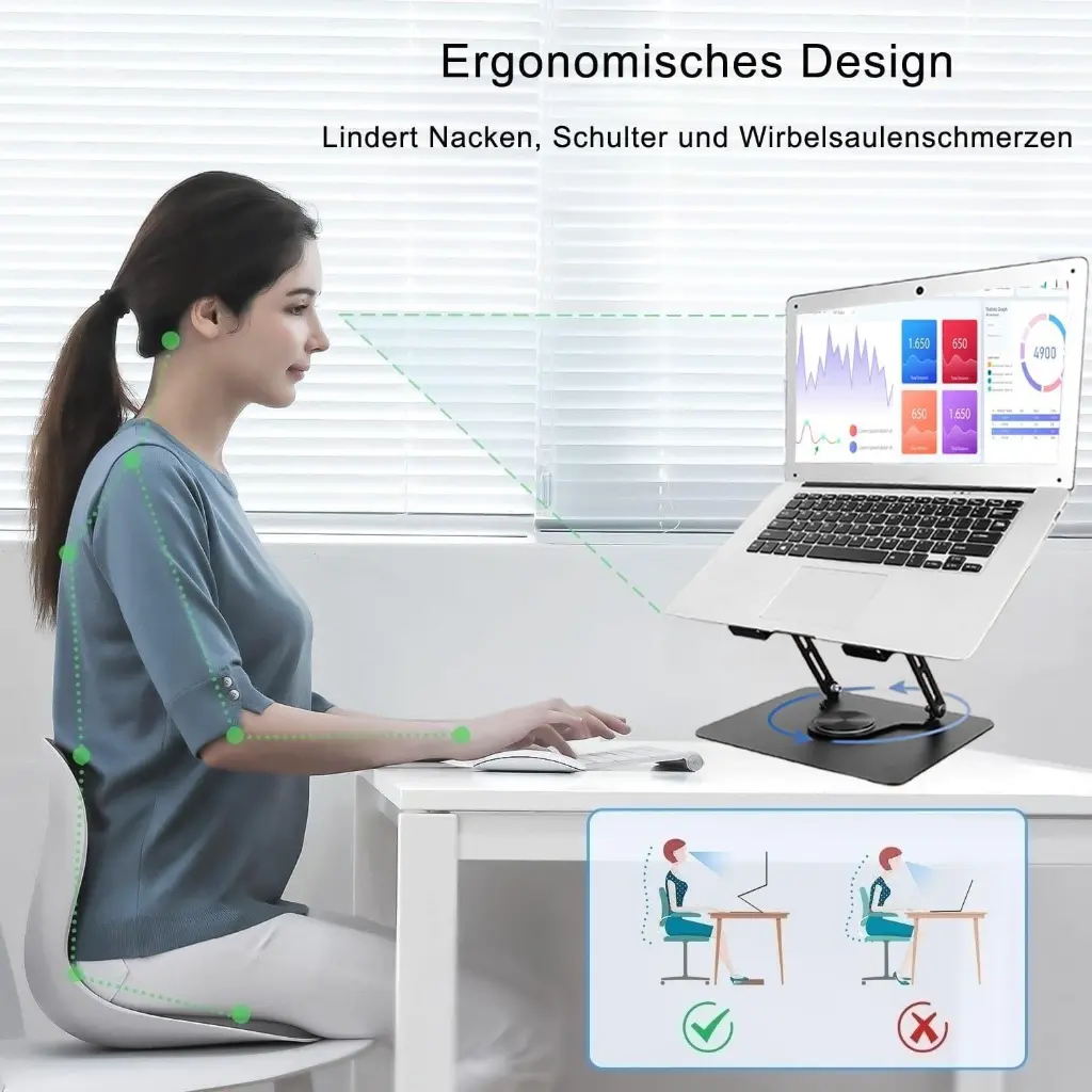 Laptop Stand with 360° Rotating Base – Height-Adjustable, Ventilated, 10"–17"