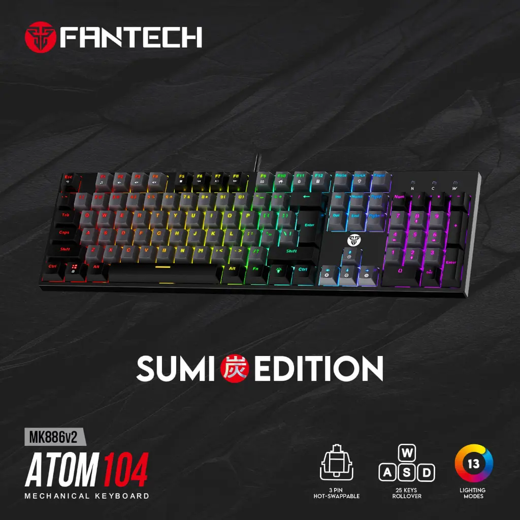 Fantech MK876V2 ATOM87 Sumi Mechanical Gaming Keyboard - Gray/Black