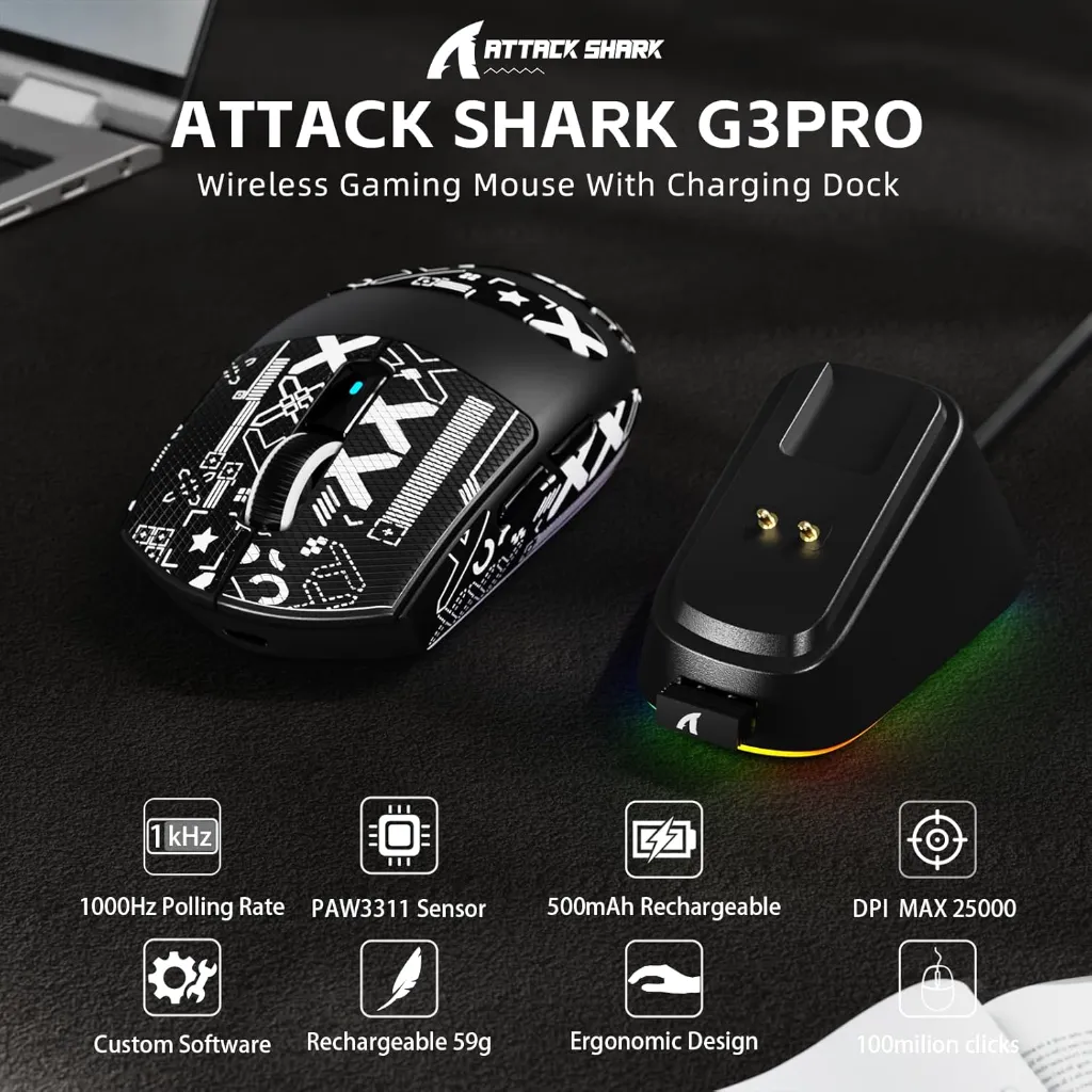 Attack Shark G3 Pro Tri-Mode Wireless Gaming Mouse with RGB Charging Dock, Black