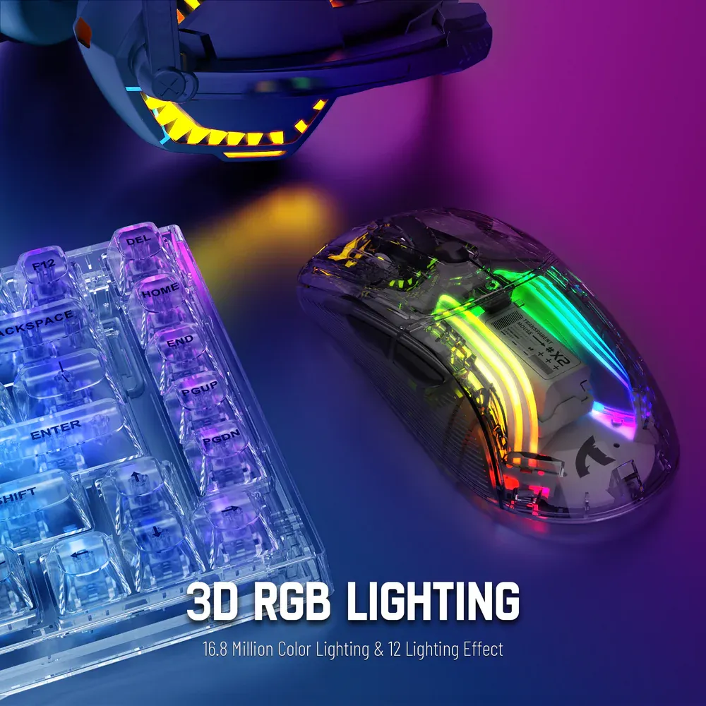 Attack Shark X2 Tri-Mode Wireless Gaming Mouse, Transparent RGB Shell, Black