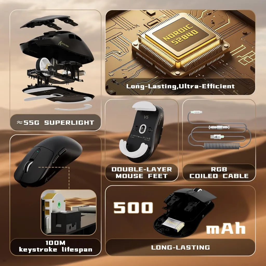 Attack Shark V5 Ultra-Light Tri-Mode Wireless Gaming Mouse, 42K DPI, Black