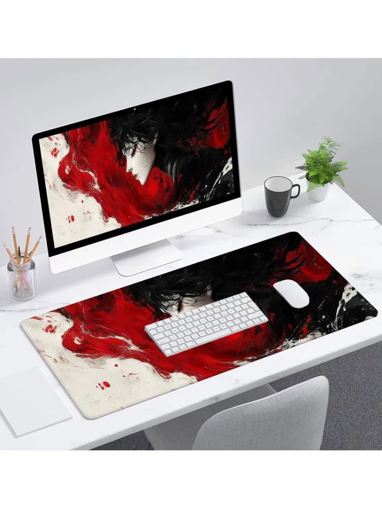 Mouse Pad Anime Girl Crimson White Swirl Desk Mat