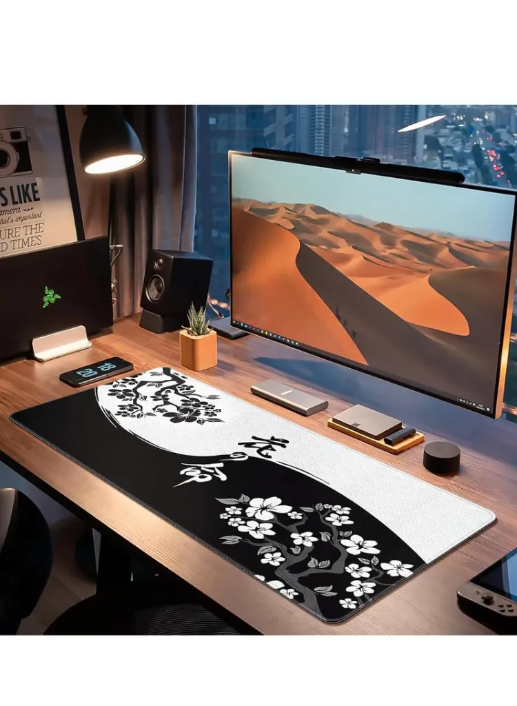 Decorative Mouse Pad & Desk Mat – Japanese Black & White Floral Print