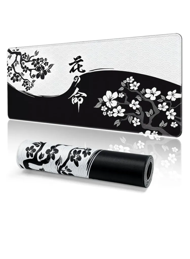 Japanese Black _ White Flowers Gaming Mouse Pad Ma.webp