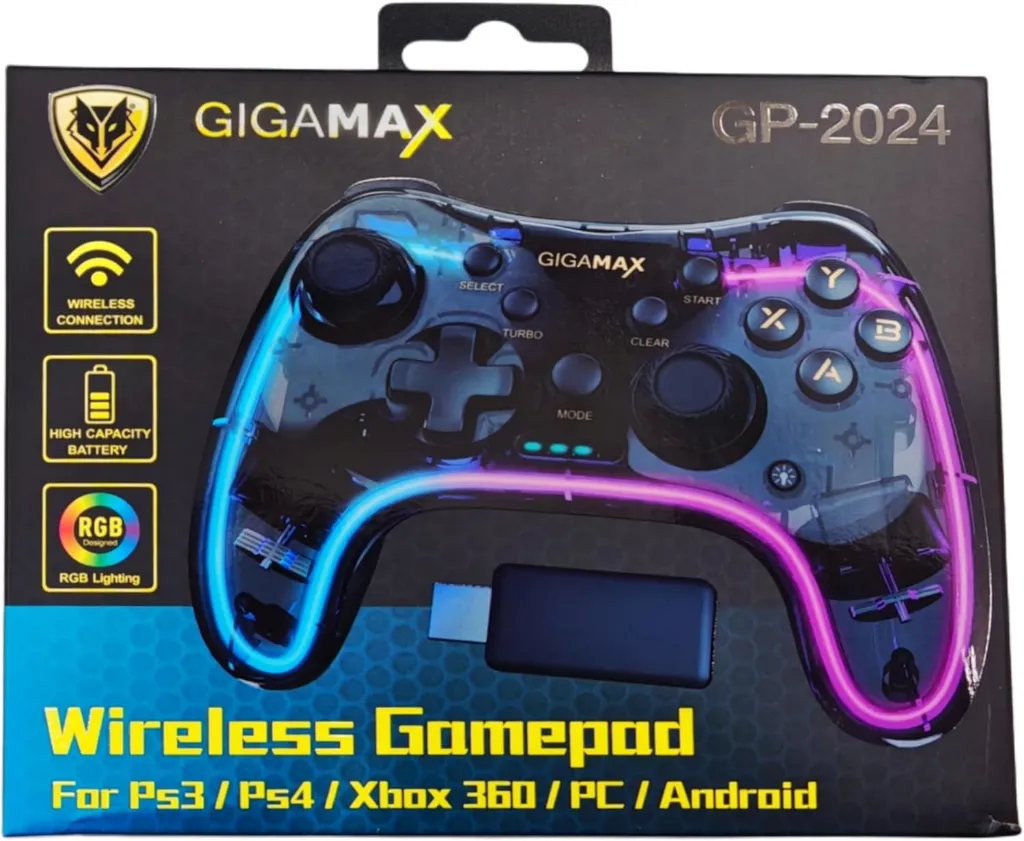 Gigamax GP-2024 Wireless Transparent RGB Gamepad - Vibration, 10-Hour Battery