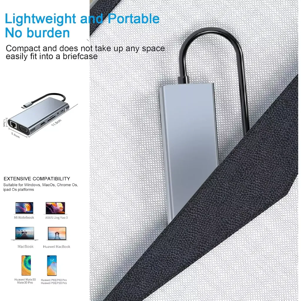 USB-C 11-in-1 Multiport Hub – 4K HDMI, VGA, RJ45, 3×USB 3.0, SD/TF, AUX, 100W PD