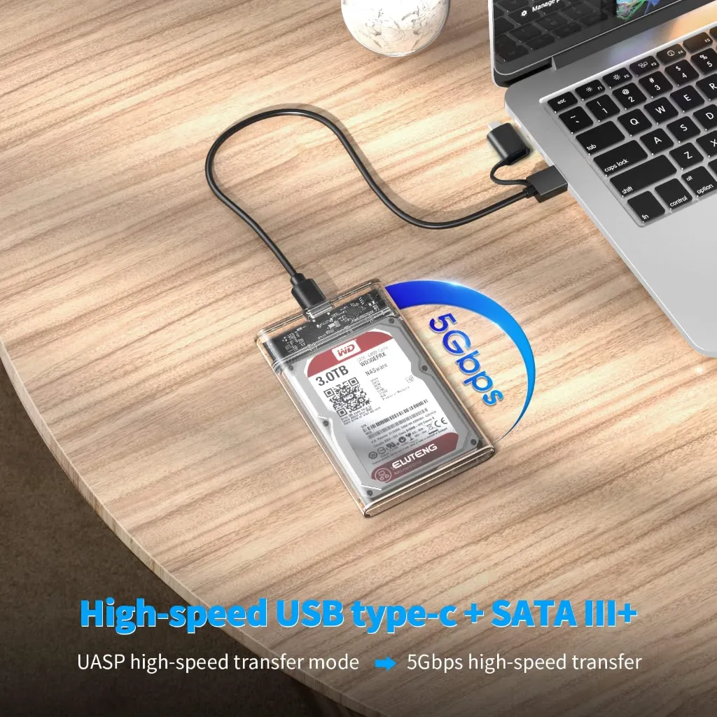 علبة قرص صلب خارجية ELUTENG مقاس 2.5 بوصة USB-C إلى SATA بسرعة 5Gbps ودعم UASP