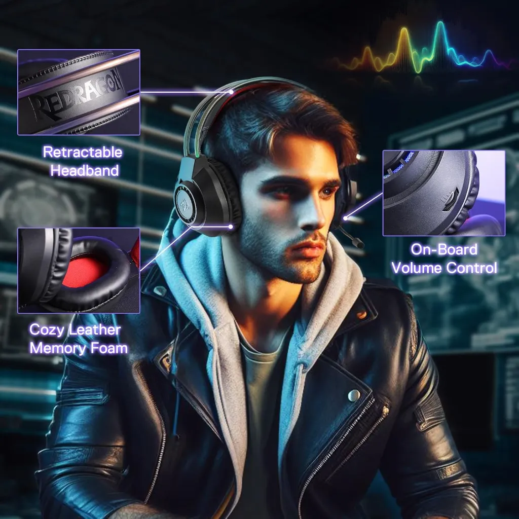 Redragon Scream H231 RGB Gaming Headset, Wired 3.5mm + USB, 40mm Drivers, Noise-Cancelling Mic, Black