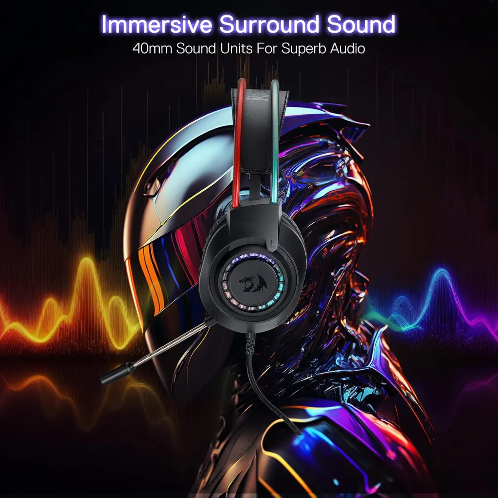 Redragon Scream H231 RGB Gaming Headset, Wired 3.5mm + USB, 40mm Drivers, Noise-Cancelling Mic, Black