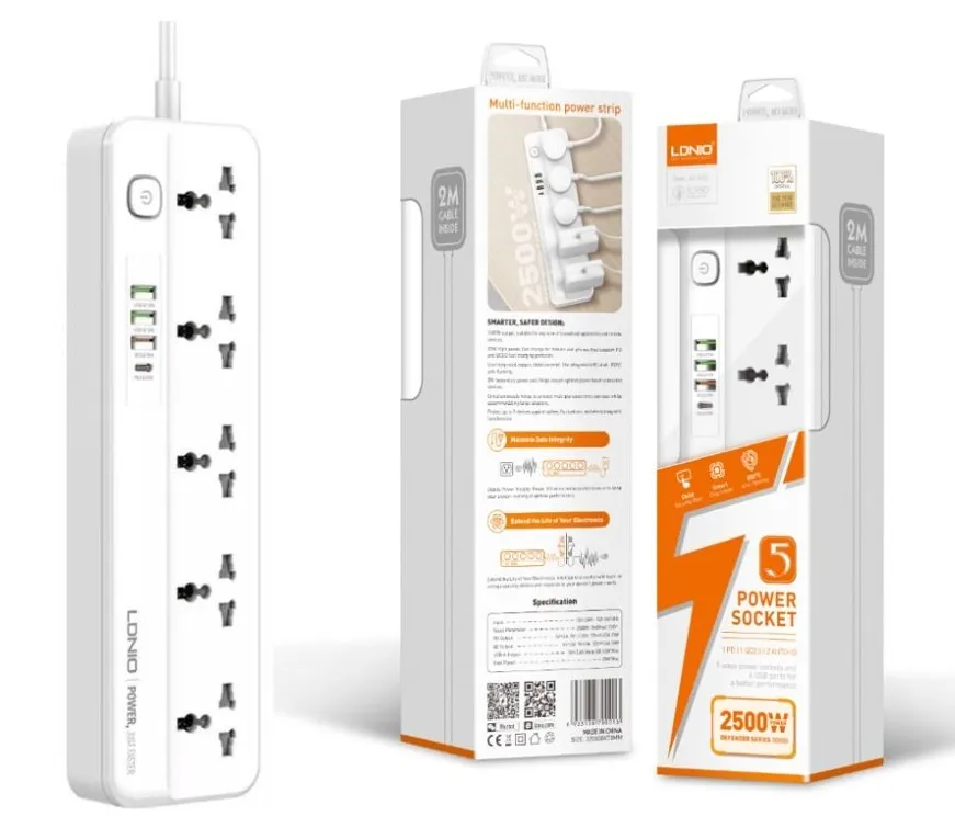 [Ldnio SC5415] Ldnio SC5415 Universal Power Strip With 4 USB Port PD/QC 3.0 20W Power, 5 Outlets And Switch Button, 2500W - White 
