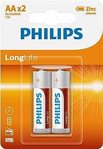 Philips R6L2B Long Life Zinc Battery Set, 1.5 Volt, Type AA - 2 Pieces