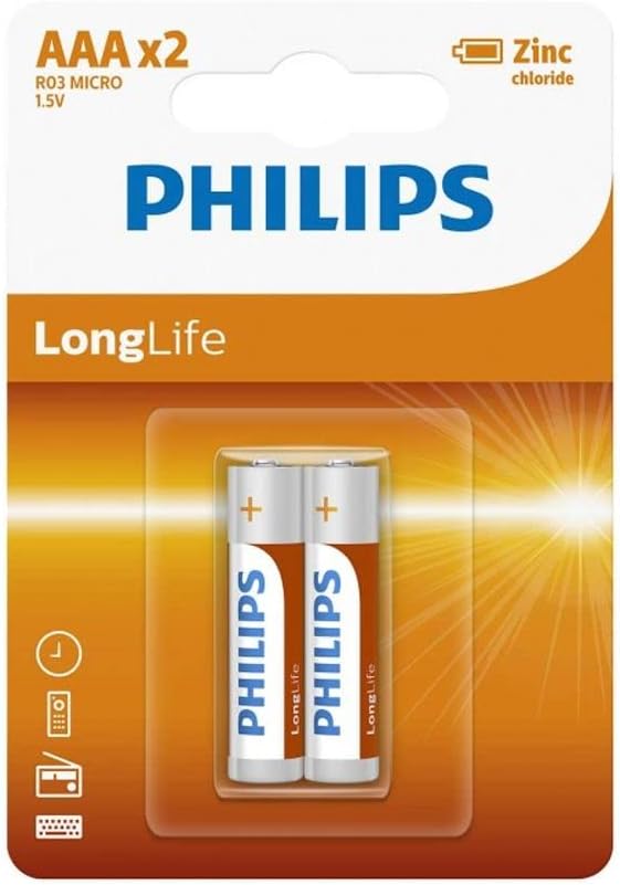 Philips R03L2B Long Life Zinc Battery Set, 1.5 Volt, Type AAA - 2 Pieces