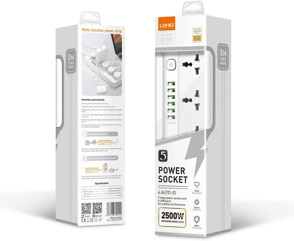 [LDNIO SC5614] LDNIO SC5614 Power Strip Surge Protector with 5 AC Outlets and 6 USB Charging Ports 2m long extension cord for Home & Office - White 