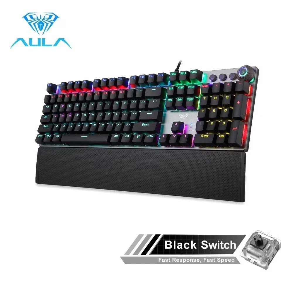 Aula F2088 WIND Full Gaming Mechanical Keyboard – BLUE Switches - Rainbow LED Backlit - EN 104 PBT Keycaps and Metal Panel - Multimedia Control Knob & Wrist Rest - Software Silver/Black