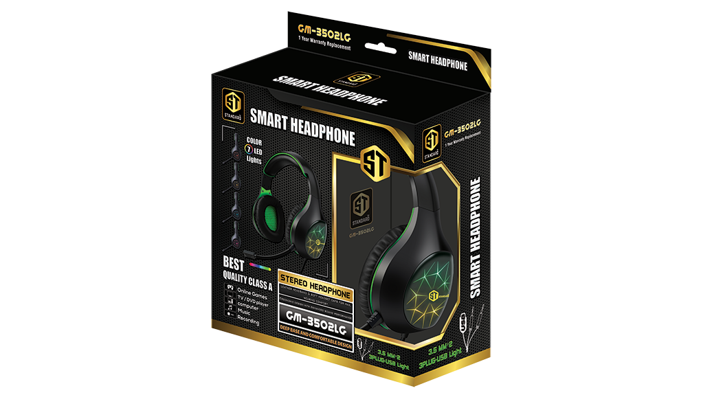 ST-STANDARD GM-3501L Gaming Stereo Led Light Headphone 3.5mm with Mic For PC / Mobile / PS4 / Xbox One / Switch - Green/Black GM3501LG