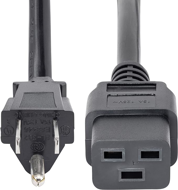 Heavy Duty Power Cable Cord, NEMA 5-15P to C19 AC Power Cord, 15A 125V, 14AWG, Computer Power Cord, Heavy Gauge Power Cable for PDUs and Network Equipment, UL Listed 