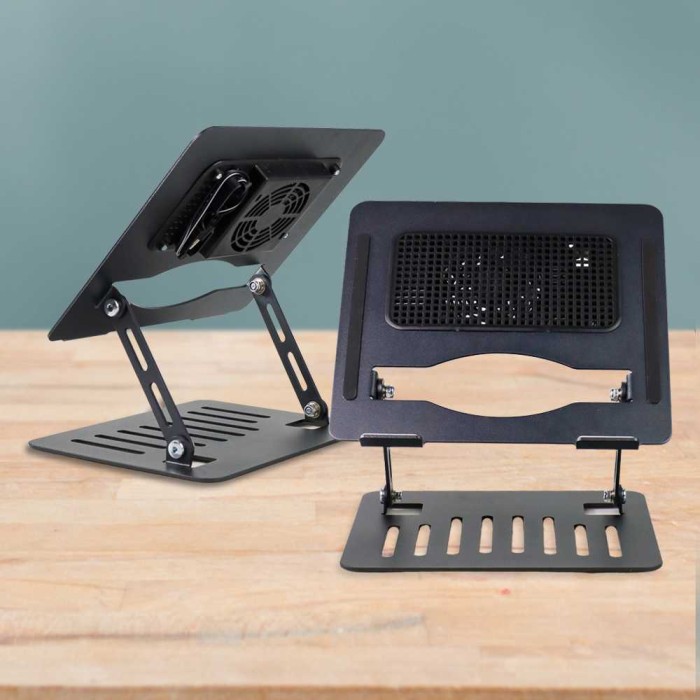 YL902 Laptop Stand Silver with Cooling Fan, Adjustable Height Laptop Stand for Desk with Rotatable Base, Stable Computer Riser Laptop Cooling Stand for 11 to 17.3 Inches Phone, Tablet, Laptop